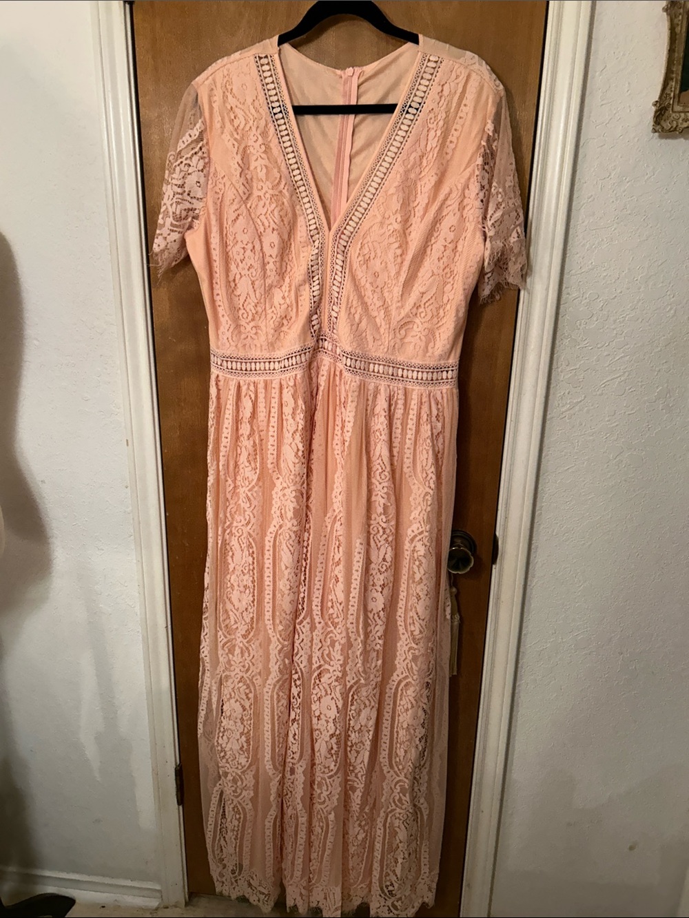 Elegant Lace V-Neck Maxi Dress in Peach. Beautiful lace details 2X